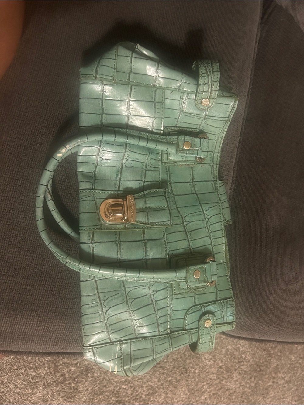 Teal Croc-Embossed Leather Tote Bag